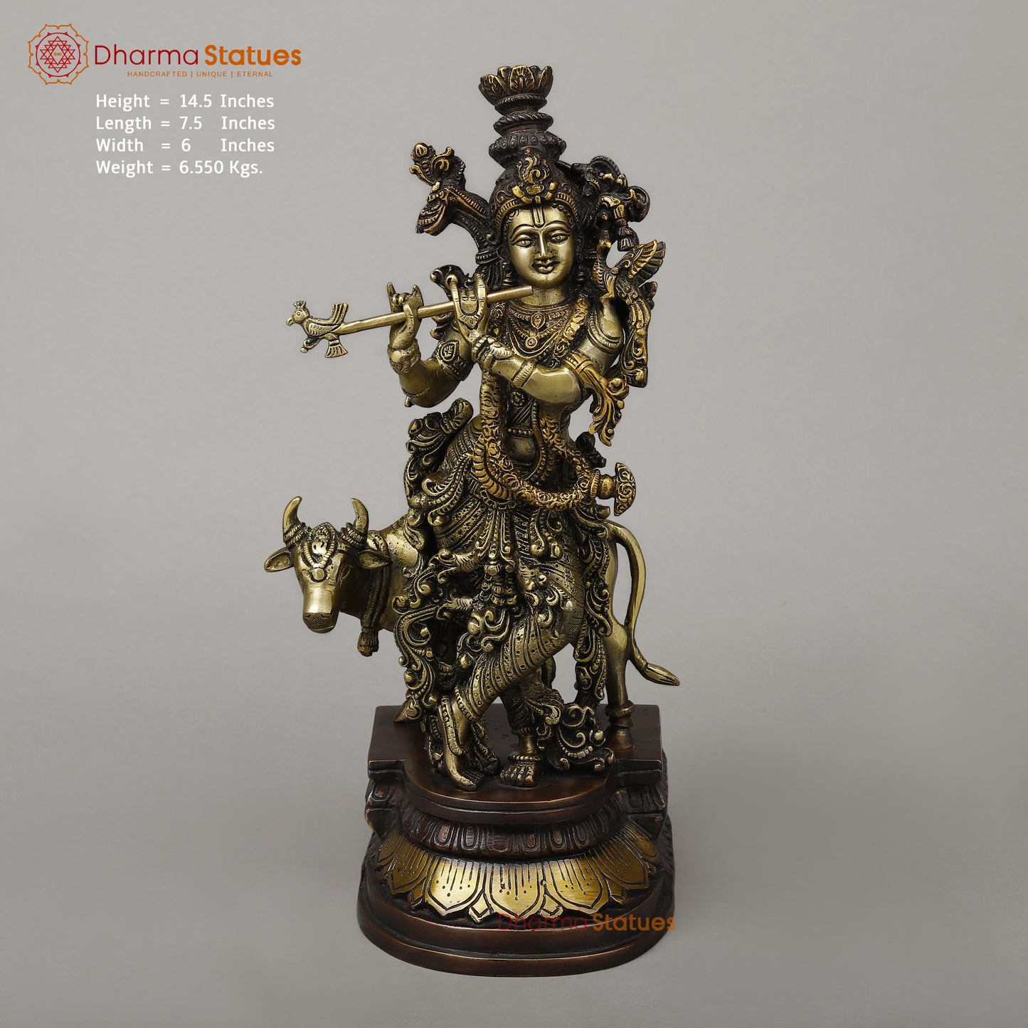 Brass Krishna Playing Flute with Cow, Copper & Golden Finish, 14.5"