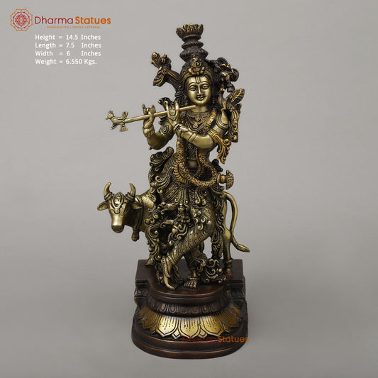 Brass Krishna Playing Flute with Cow, Copper & Golden Finish, 14.5"