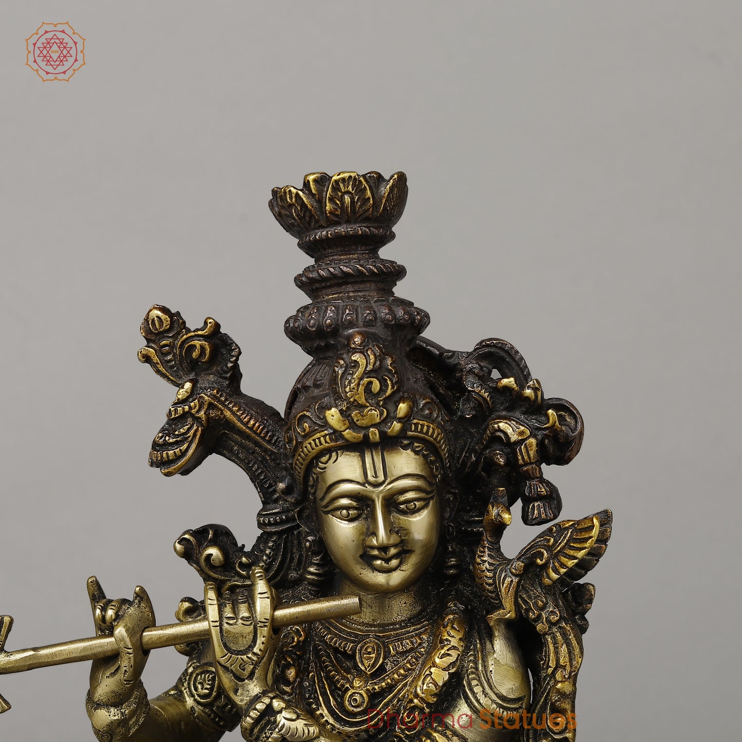 Brass Krishna Playing Flute with Cow, Copper & Golden Finish, 14.5"