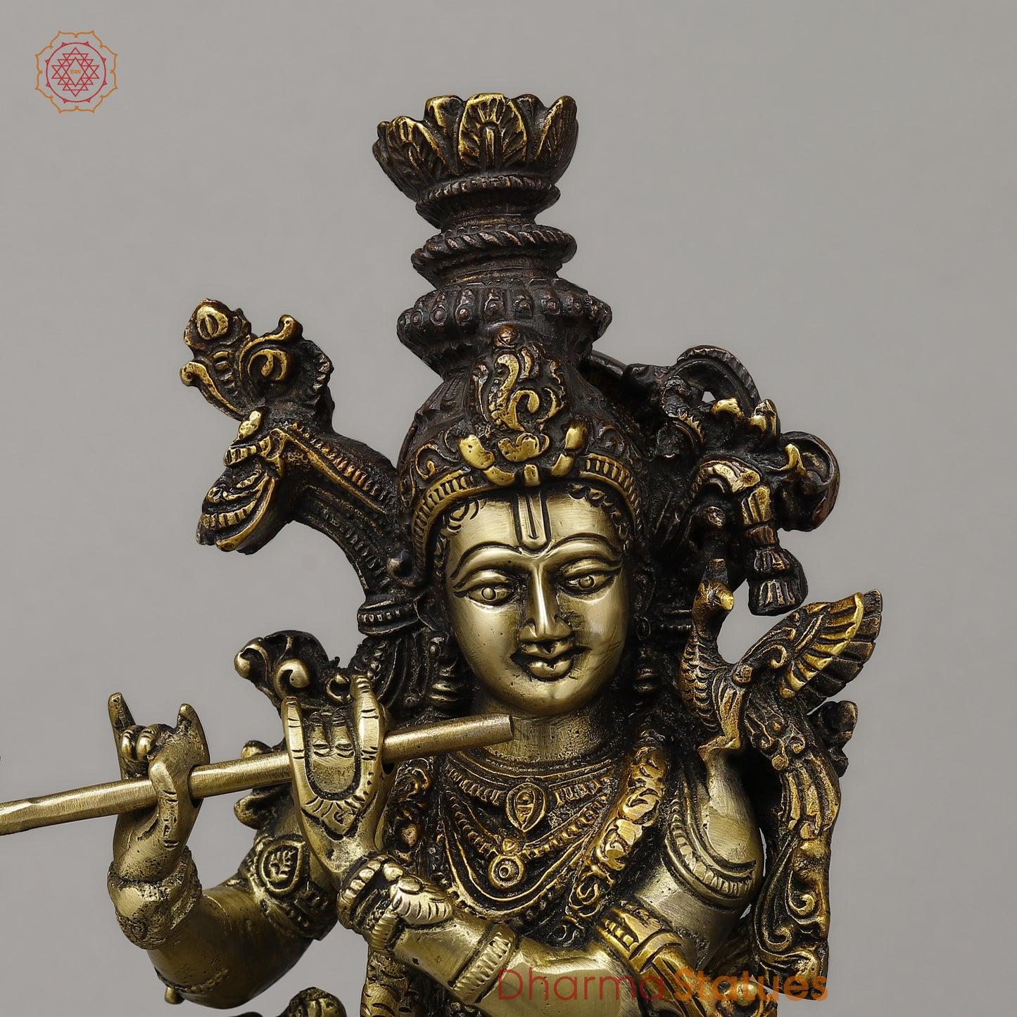 Brass Krishna Playing Flute with Cow, Copper & Golden Finish, 14.5"