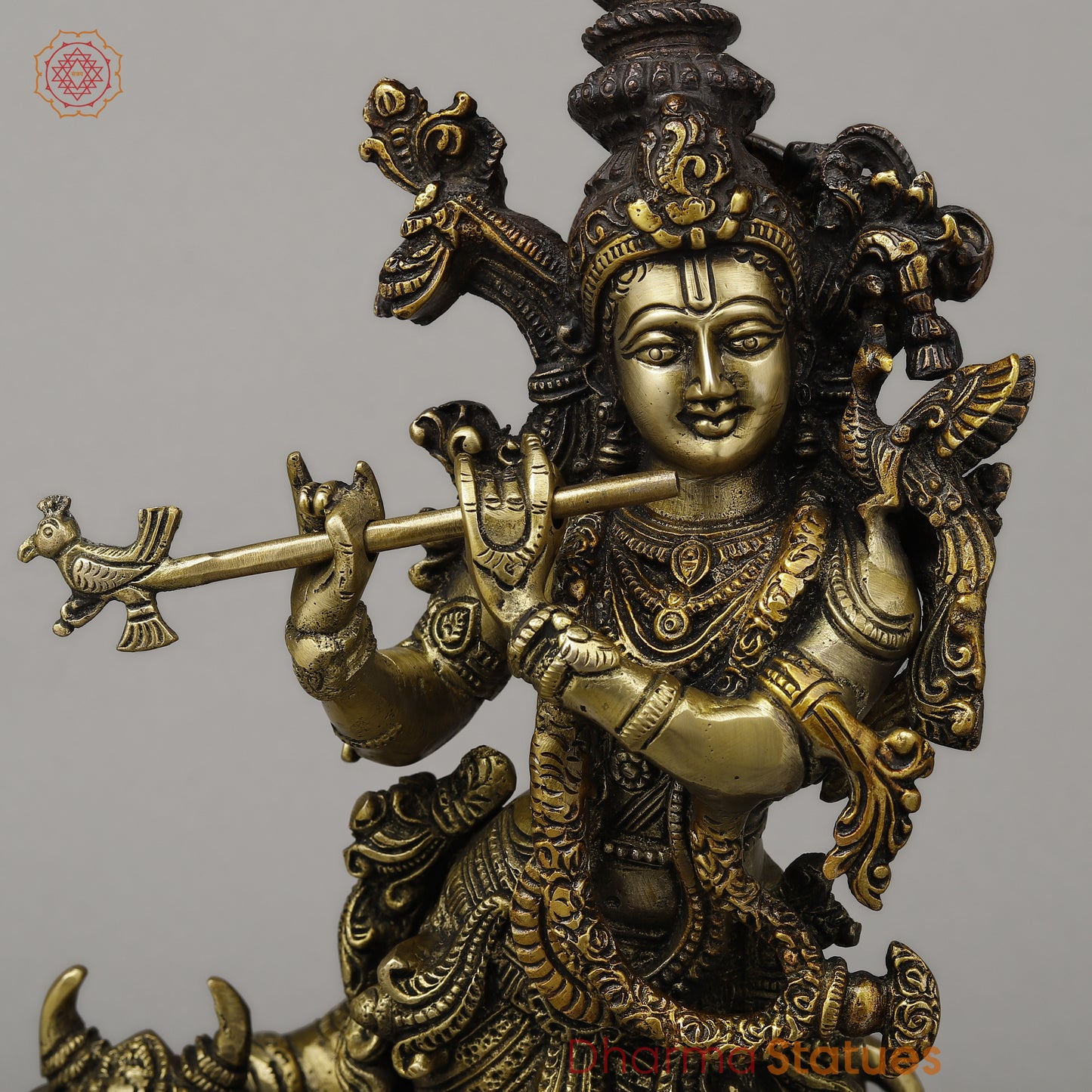 Brass Krishna Playing Flute with Cow, Copper & Golden Finish, 14.5"