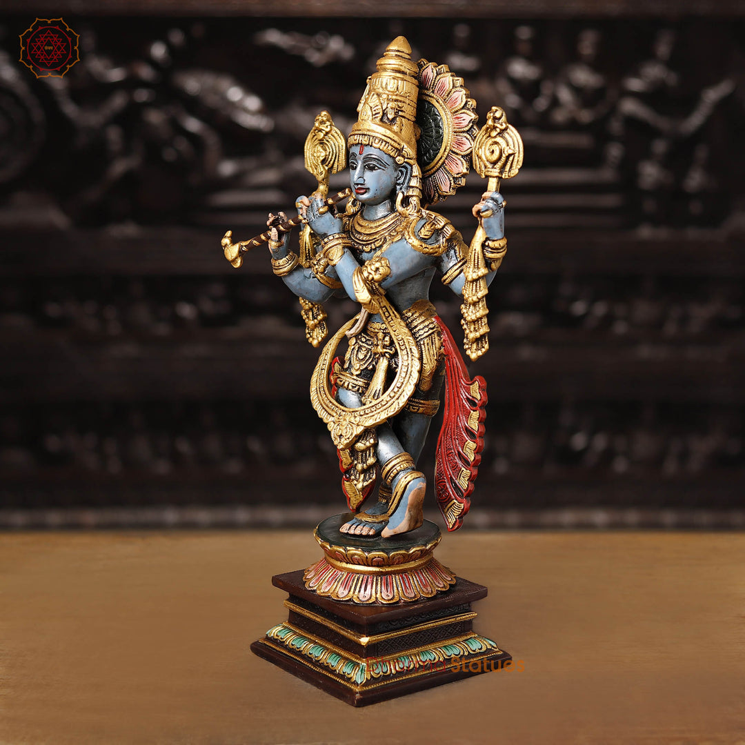 Brass Charbhuja Krishna Statue, Playing Flute, Multi-color Finish, 19"