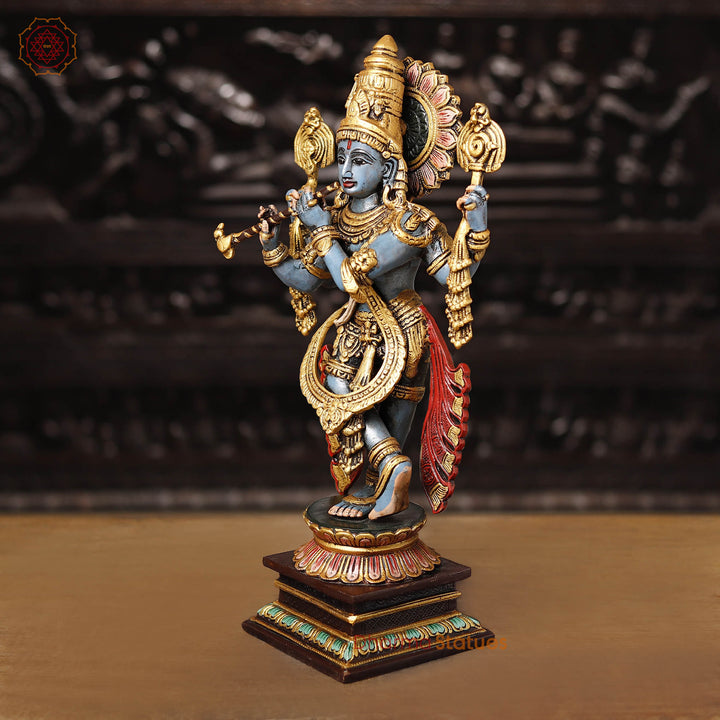 Brass Charbhuja Krishna Statue, Playing Flute, Multi-color Finish, 19"