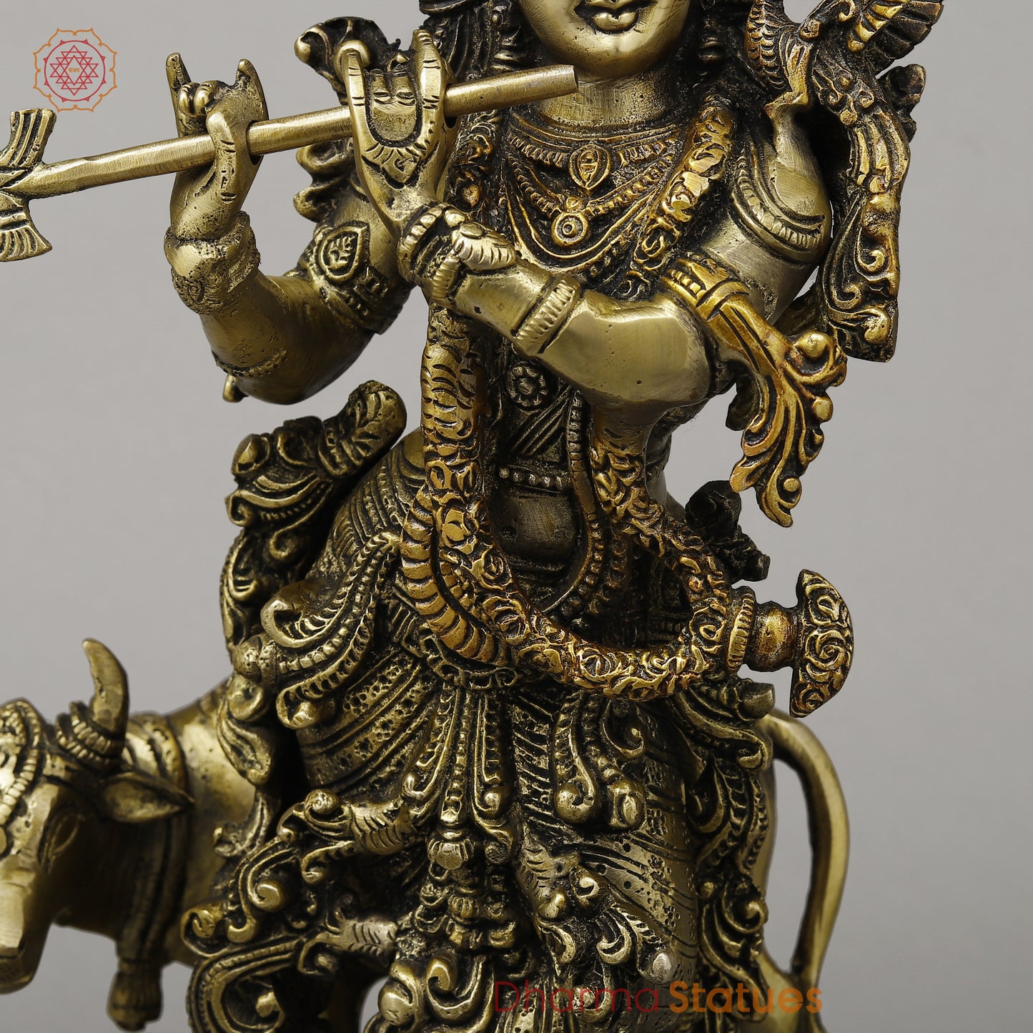 Brass Krishna Playing Flute with Cow, Copper & Golden Finish, 14.5"