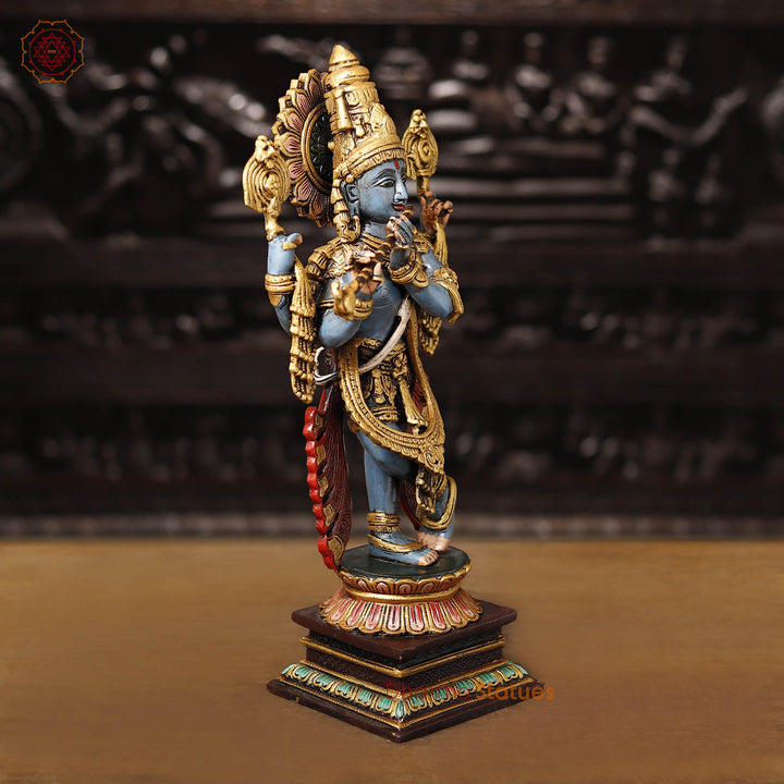 Brass Charbhuja Krishna Statue, Playing Flute, Multi-color Finish, 19"