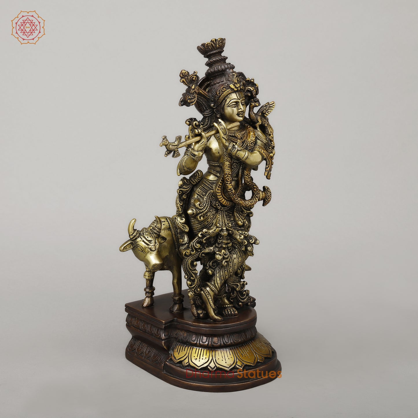 Brass Krishna Playing Flute with Cow, Copper & Golden Finish, 14.5"