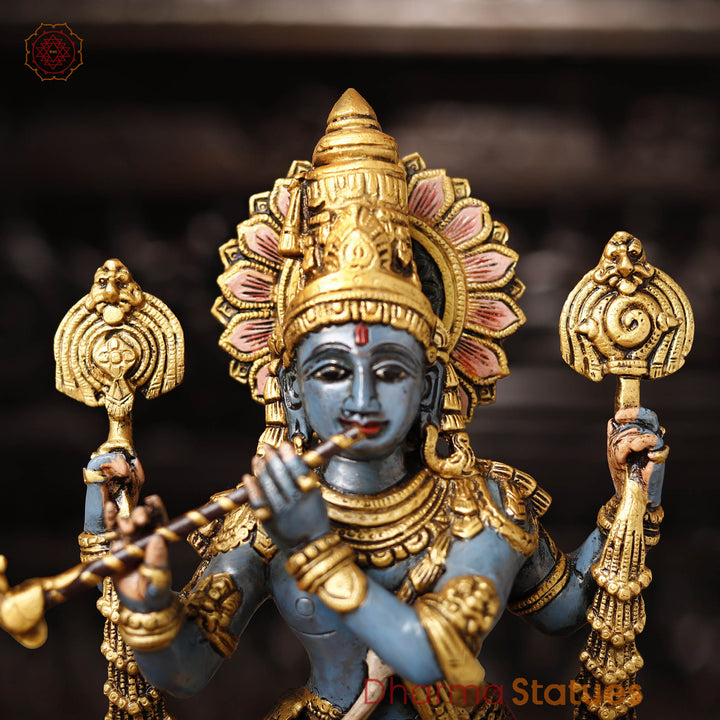 Brass Charbhuja Krishna Statue, Playing Flute, Multi-color Finish, 19"