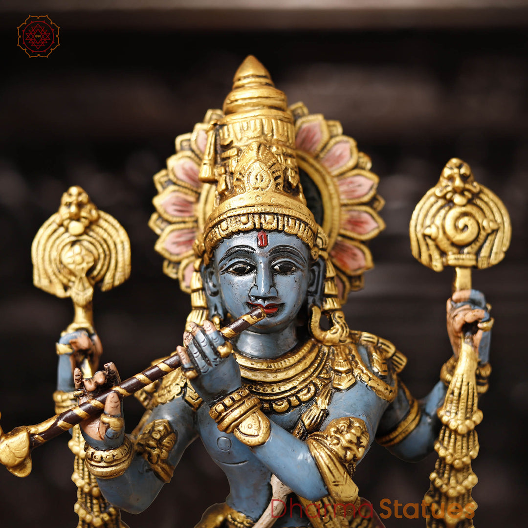 Brass Charbhuja Krishna Statue, Playing Flute, Multi-color Finish, 19"