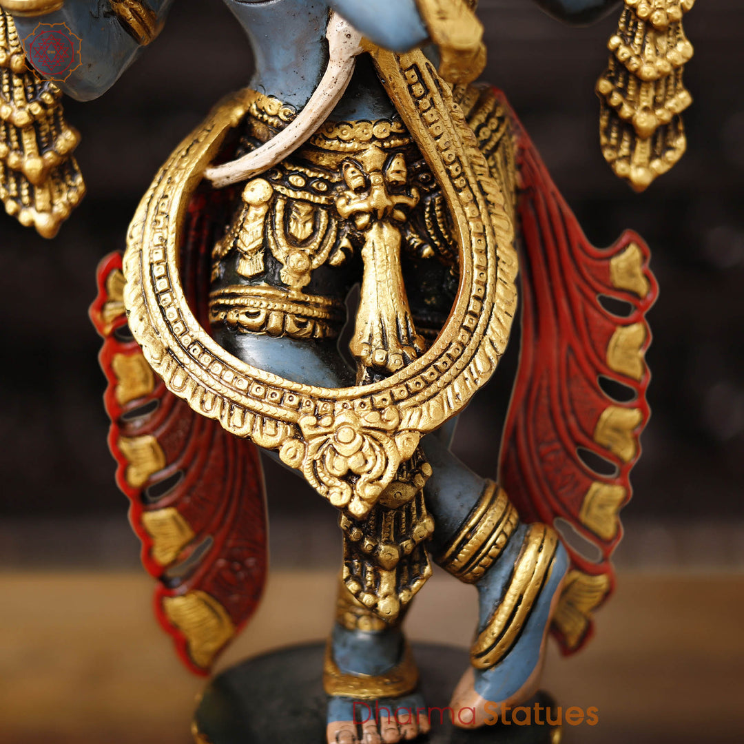 Brass Charbhuja Krishna Statue, Playing Flute, Multi-color Finish, 19"