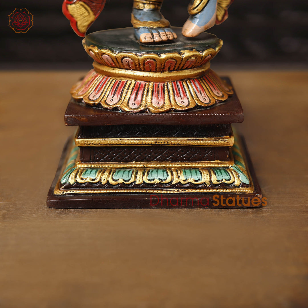 Brass Charbhuja Krishna Statue, Playing Flute, Multi-color Finish, 19"