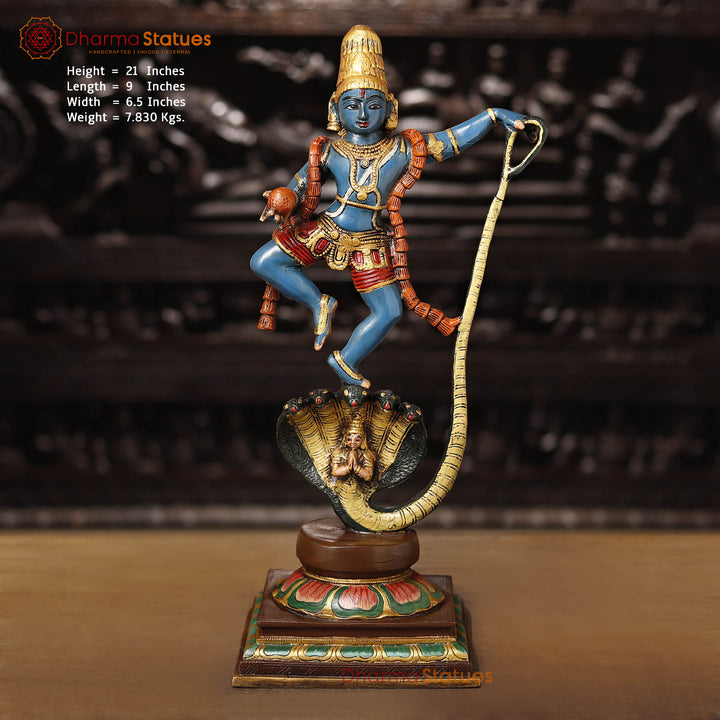Brass Child Krishna, Lord Krishna Dancing Standing on Kaliya Naag Hood. 21"