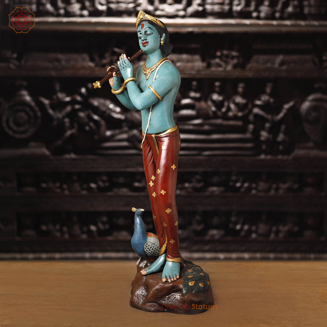 Brass Lord Krishna Idol, Playing Flute, Multi-Color Finish, 29"