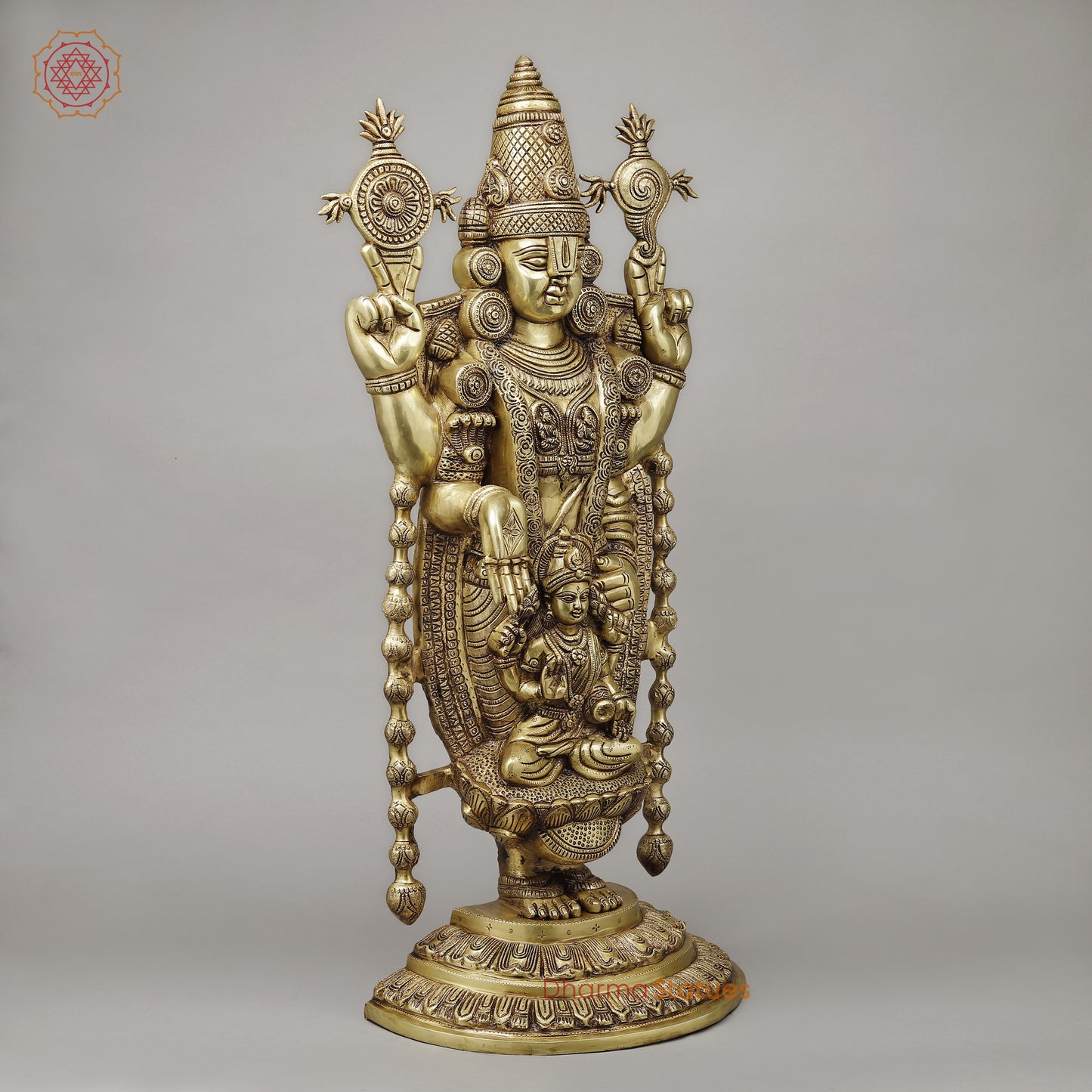 Brass Tirupati Balaji (Venkateshvara Swami) with Lakshmi, Golden Finish, 34.5"