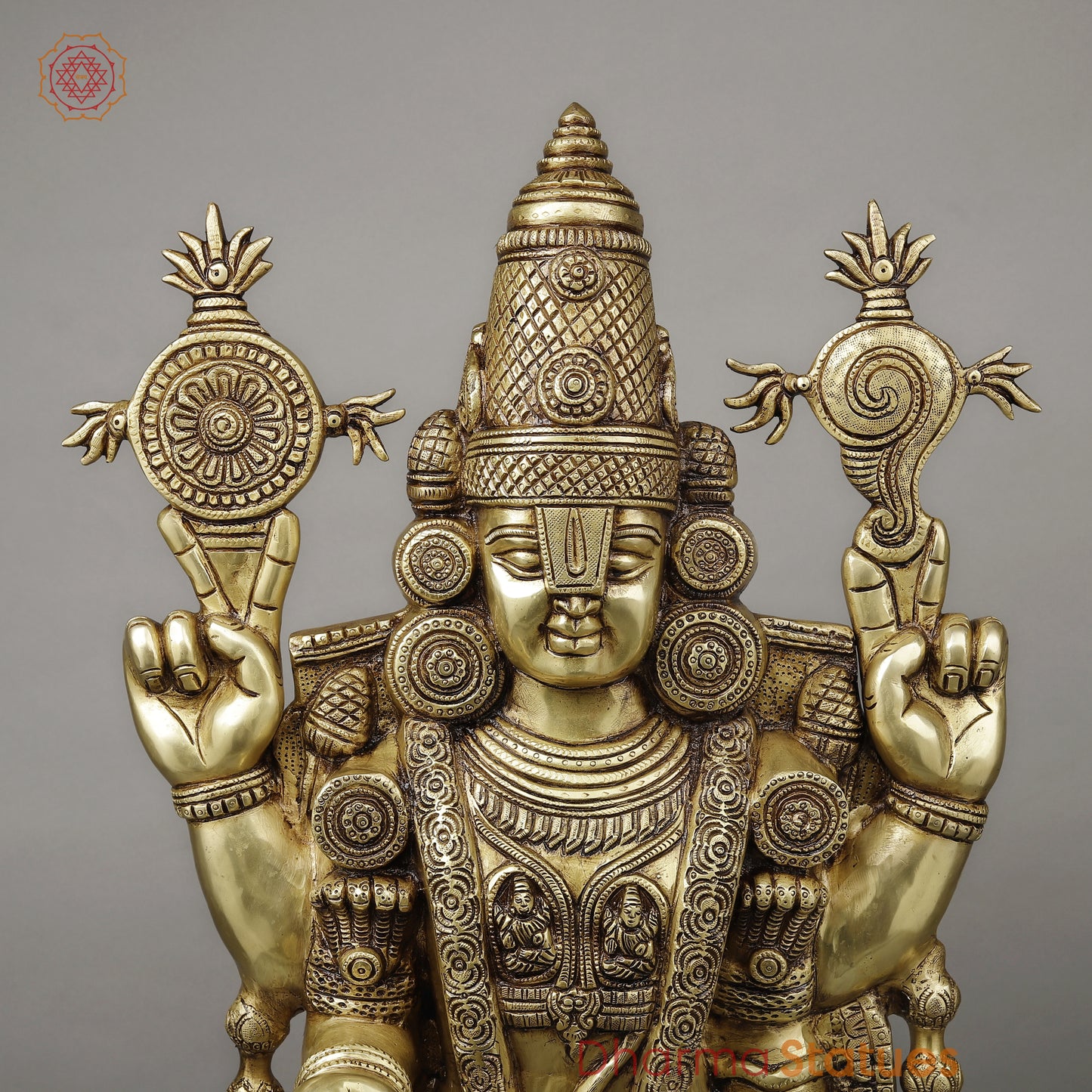 Brass Tirupati Balaji (Venkateshvara Swami) with Lakshmi, Golden Finish, 34.5"