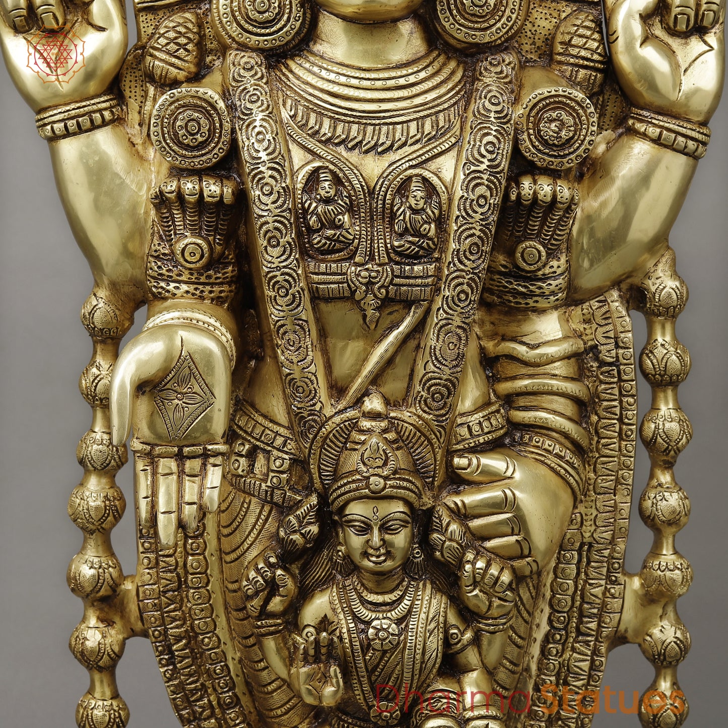 Brass Tirupati Balaji (Venkateshvara Swami) with Lakshmi, Golden Finish, 34.5"