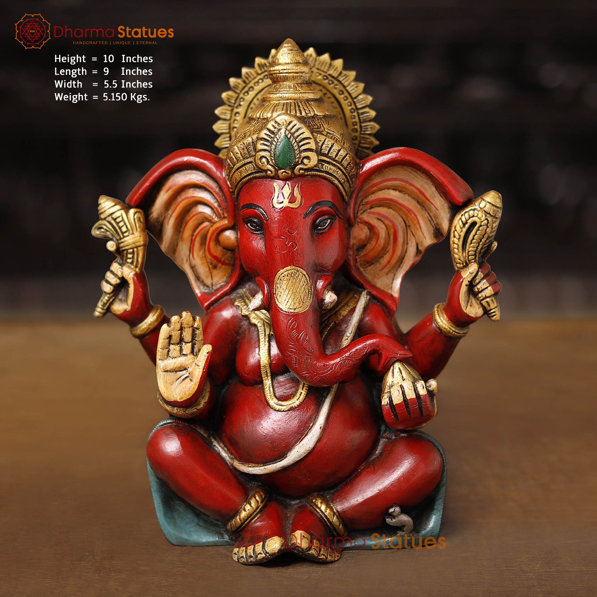 Brass Ganesha Seated Long ears, Hand Painted, 10" Front View