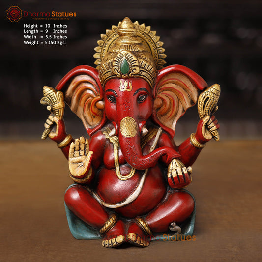 Brass Ganesha Seated Long ears, Hand Painted, 10" Front View