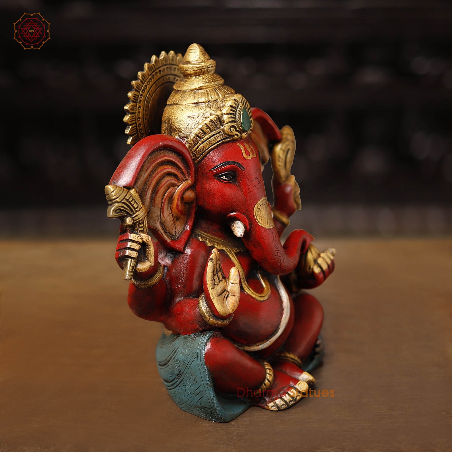 Brass Ganesha Seated Long ears, Hand Painted, 10"