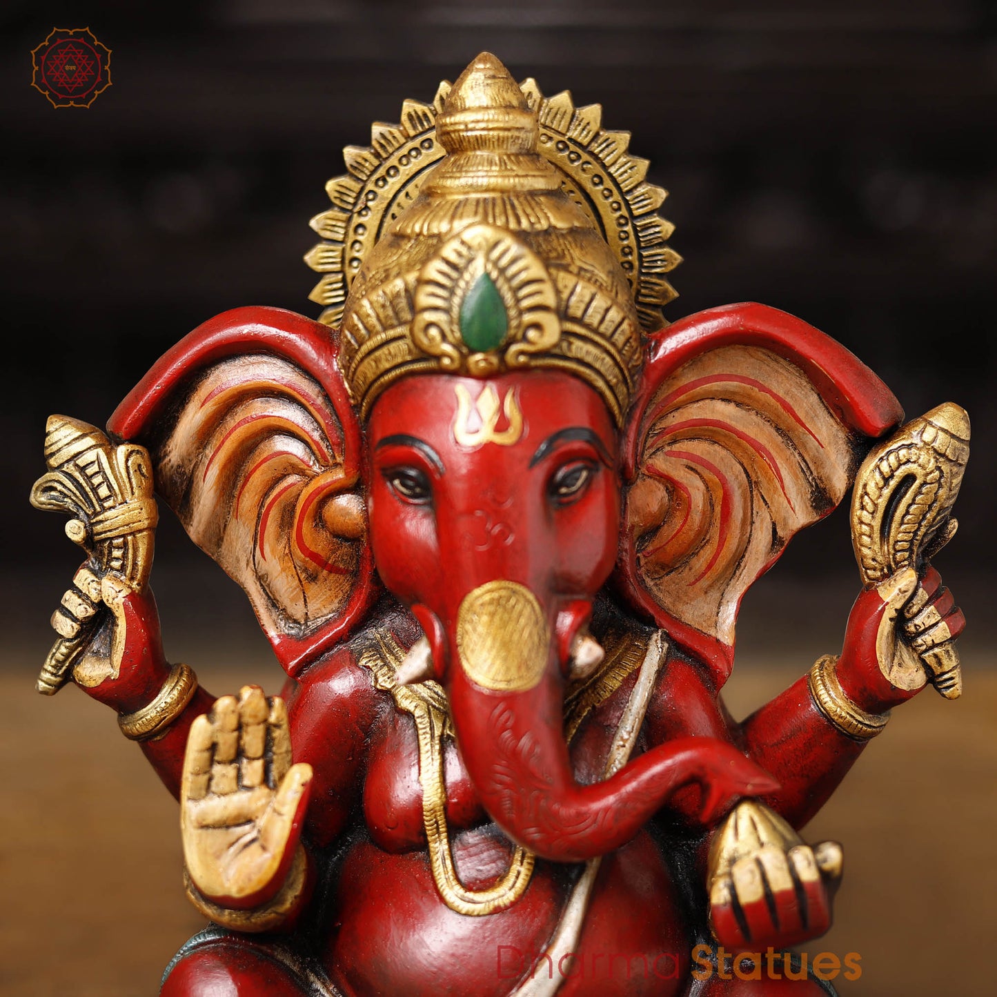 Brass Ganesha Seated Long ears, Hand Painted, 10"