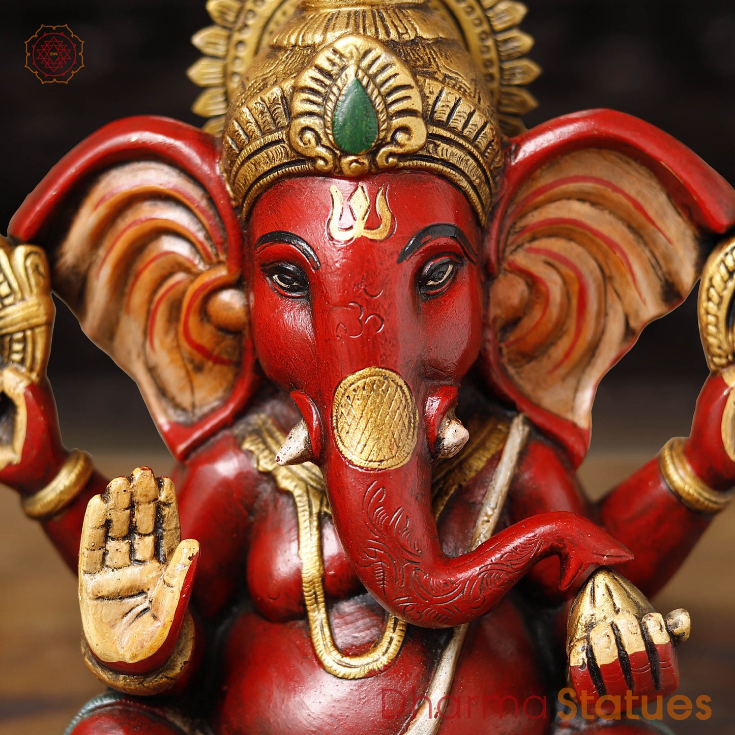 Brass Ganesha Seated Long ears, Hand Painted, 10"