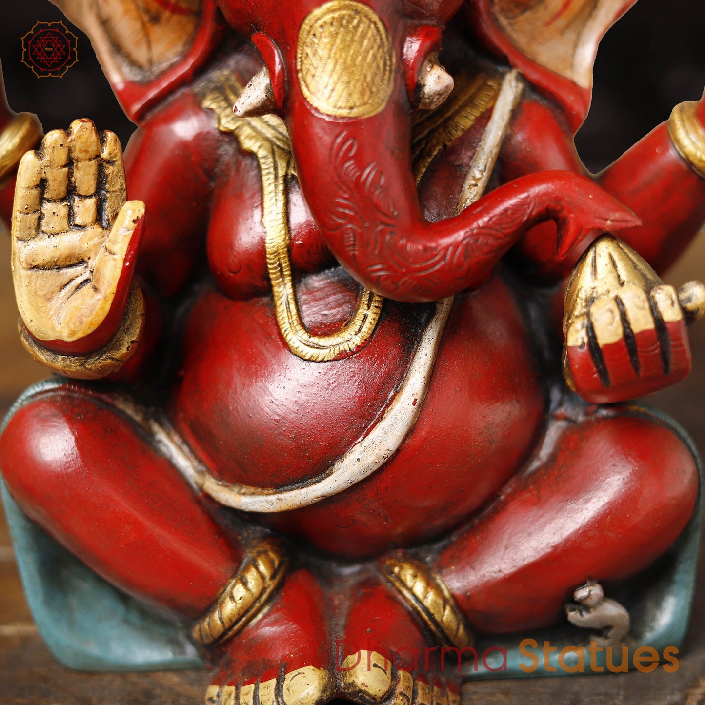Brass Ganesha Seated Long ears, Hand Painted, 10"