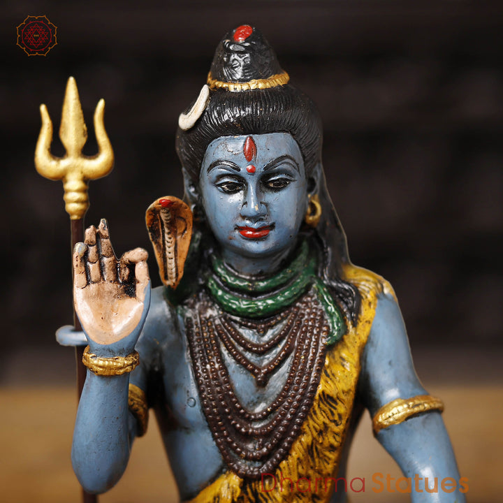 Brass Shiva Statue, Blue Skinned in Blessing pose, 9.5"