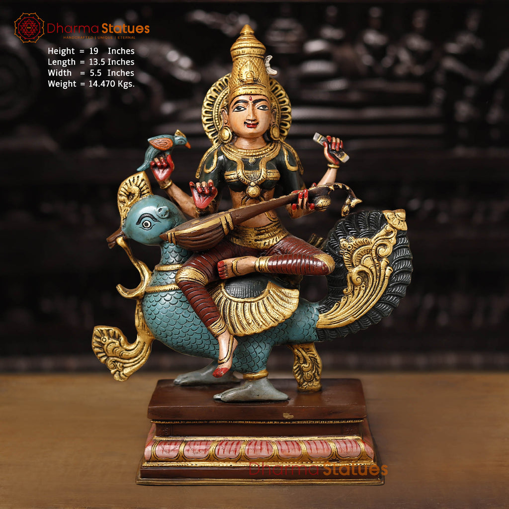 Goddess Saraswati Brass Statue, Handcrafted, Colorful Finish 19"