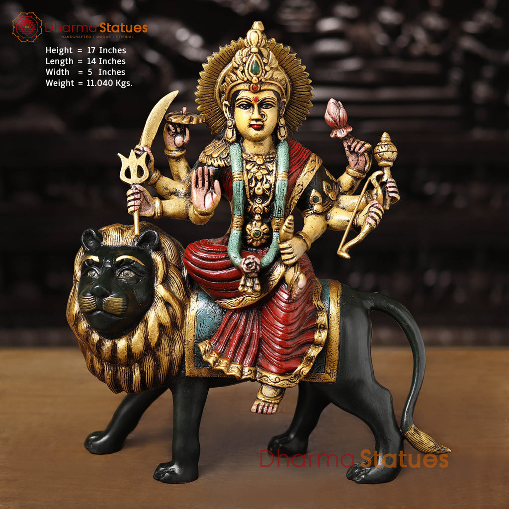 Brass Durga Vibrant Statue, Mounted on a Lion, Sacred Blend of Tradition & Color, 17"