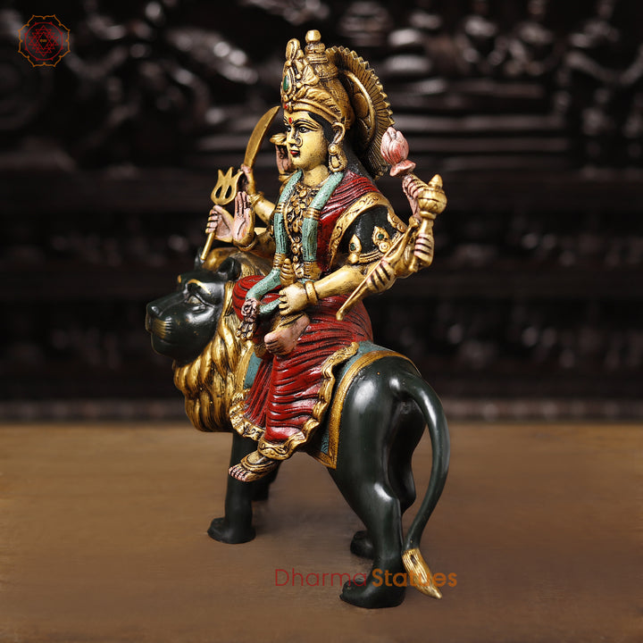 Brass Durga Figurine, Maa Durga is Sitting on the Myghti Lion. 17"