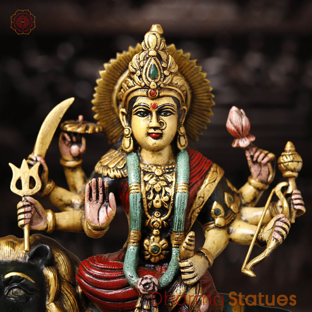 Brass Durga Figurine, Maa Durga is Sitting on the Myghti Lion. 17"