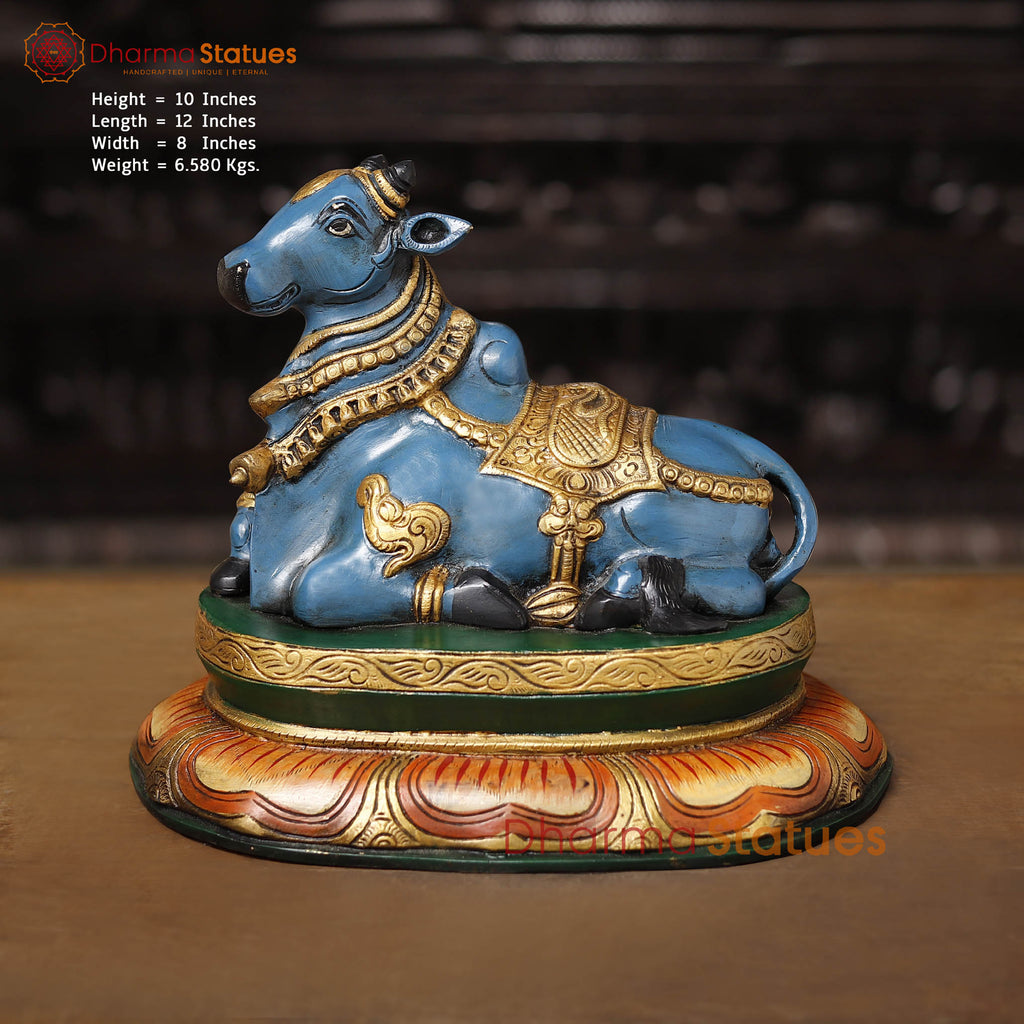 Brass Nandi Idol, The Sacred Guardian in Golden Accents, Mystic Blue Finish 10"