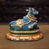 Brass Nandi Idol, The Sacred Guardian in Golden Accents, Mystic Blue Finish 10"