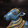 Brass Nandi Idol, The Sacred Guardian in Golden Accents, Mystic Blue Finish 10"