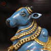 Brass Nandi Idol, The Sacred Guardian in Golden Accents, Mystic Blue Finish 10"