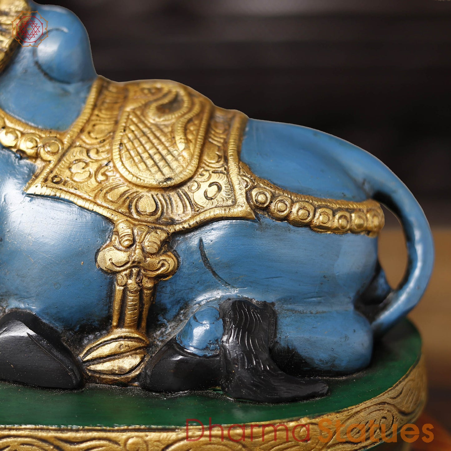 Brass Nandi Idol, The Sacred Guardian in Golden Accents, Mystic Blue Finish 10"