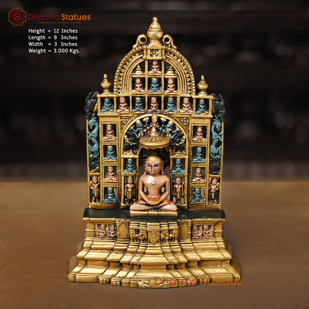 Brass Lord Mahavir, Lord Mahavir Jain Tirthankar Sitting on Throne. 12"