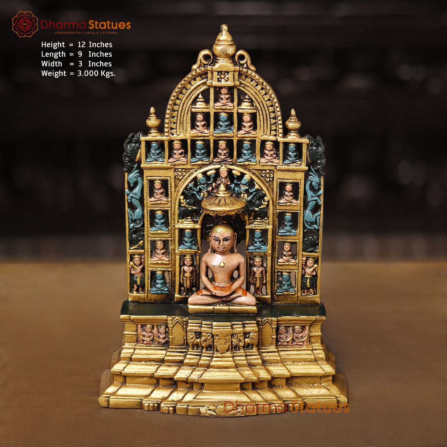 Brass Buddha Statue, Meditating Buddha in a Frame 12" Front View