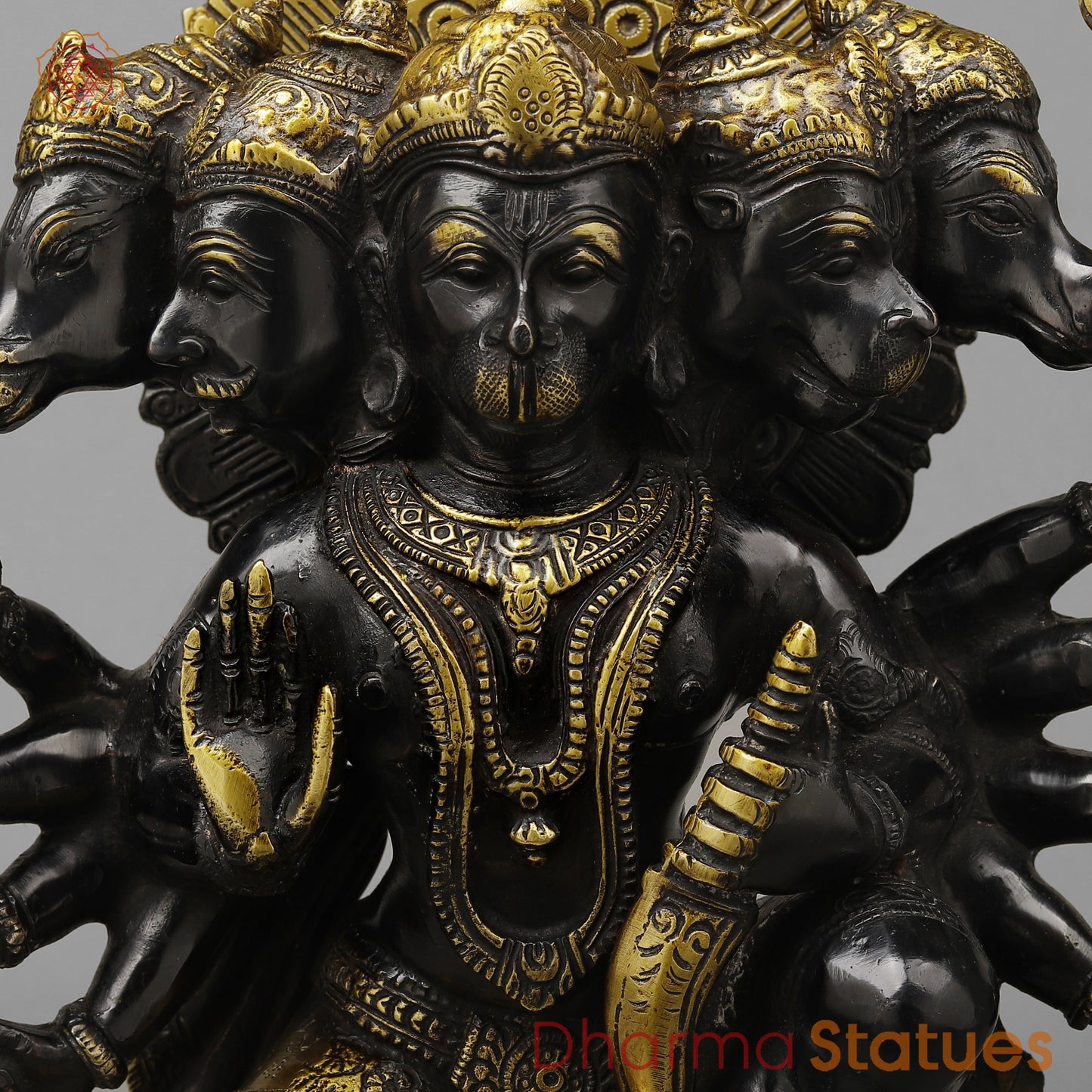 Brass Panchamukhi Hanuman (5 Face Hanuman), Royal Black & Gold Finish, 13"