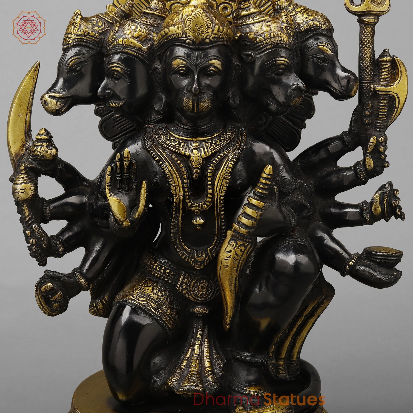 Brass Panchamukhi Hanuman (5 Face Hanuman), Royal Black & Gold Finish, 13"