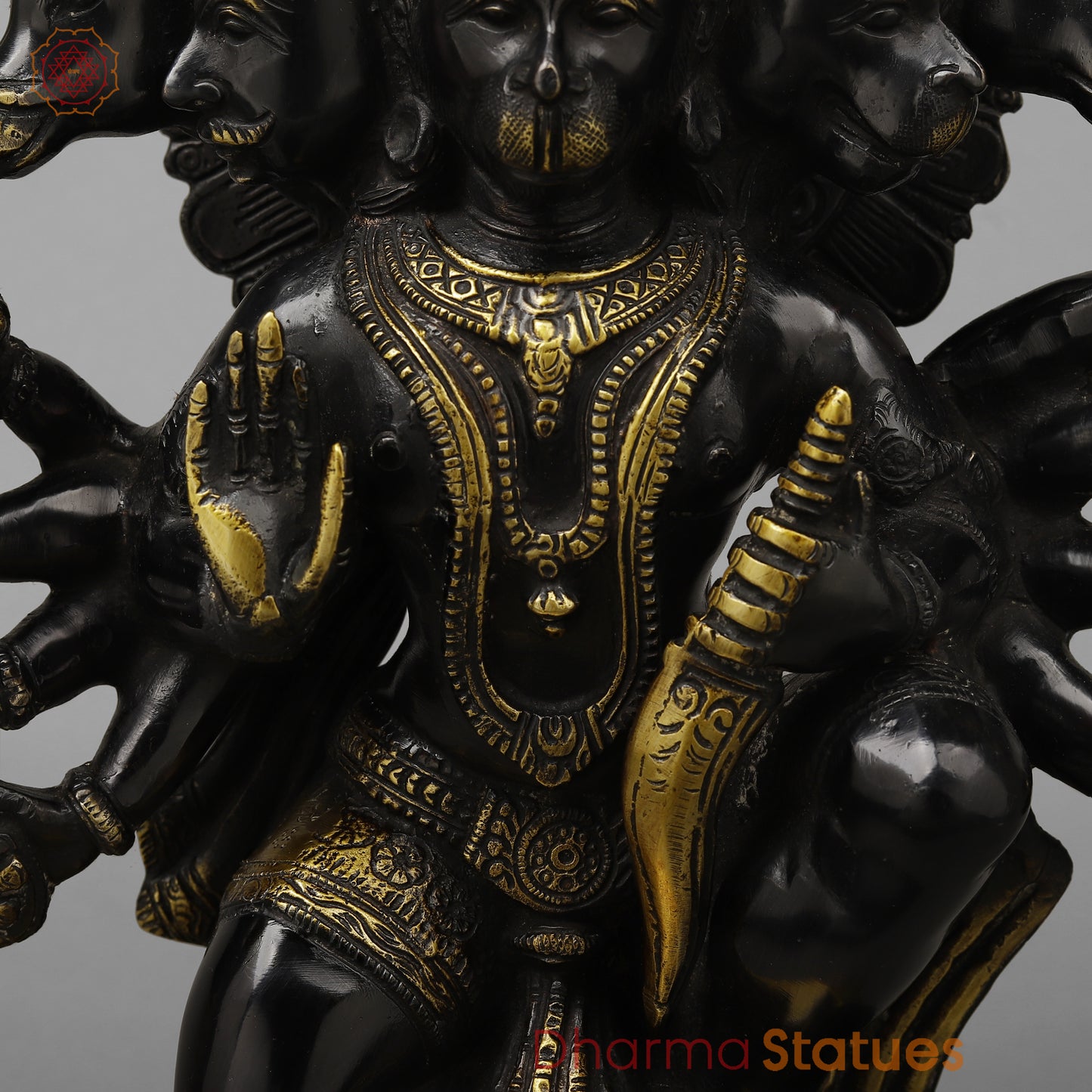 Brass Panchamukhi Hanuman (5 Face Hanuman), Royal Black & Gold Finish, 13"