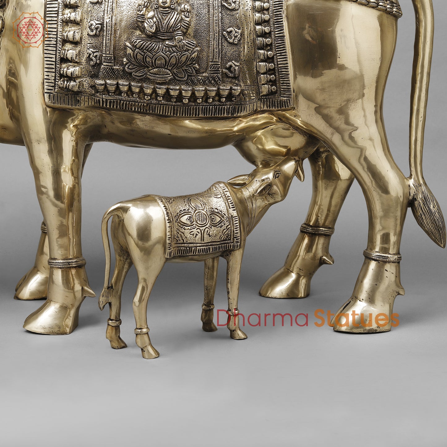 Brass Cow With Calf (Kamdhenu), Smooth Finish, 24"