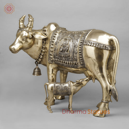 Brass Cow With Calf (Kamdhenu), Smooth Finish, 24"