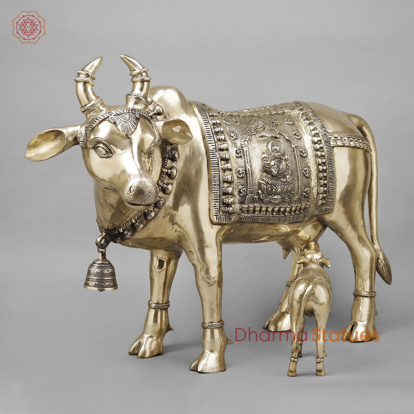 Brass Cow With Calf (Kamdhenu), Smooth Finish, 24"