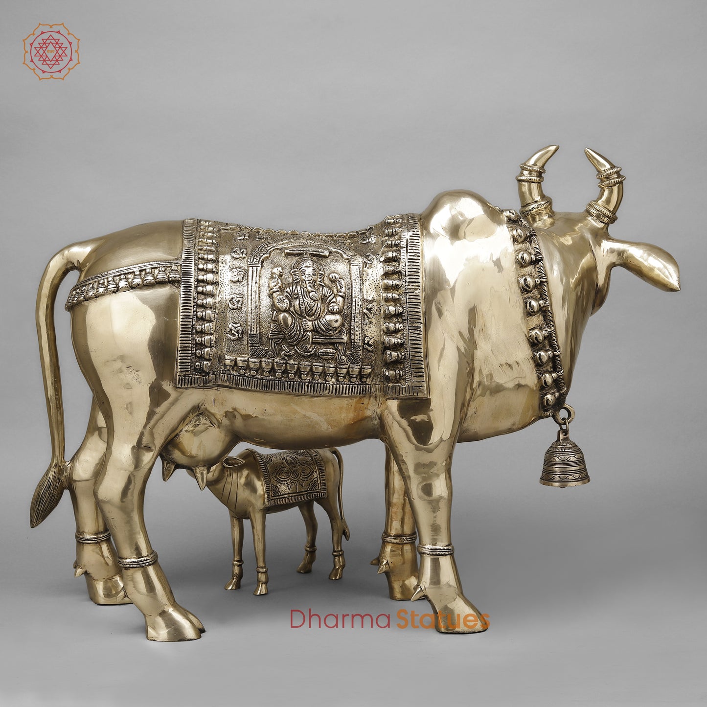 Brass Cow With Calf (Kamdhenu), Smooth Finish, 24"