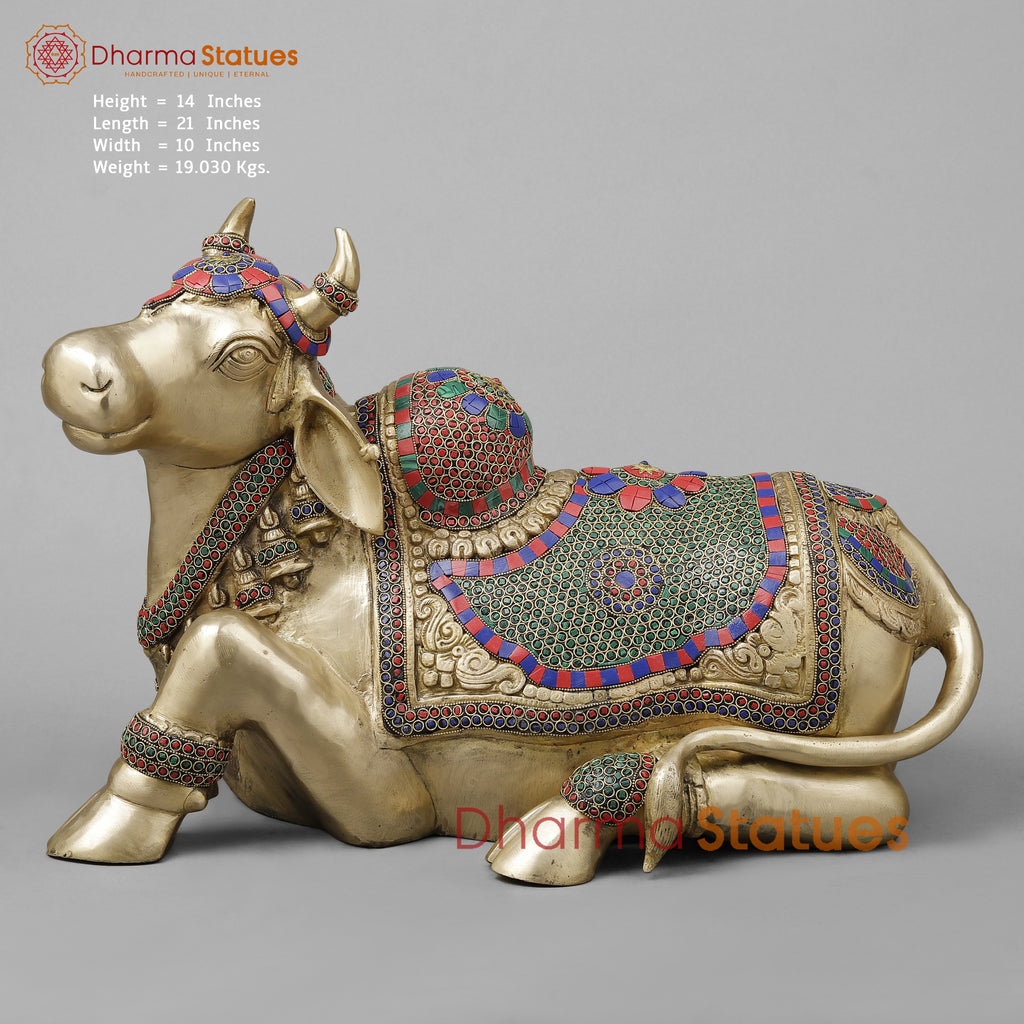 Brass Nandi Seated With Stonework, Golden Finish, 21”