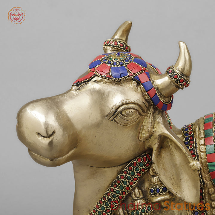Brass Nandi Seated With Stonework, Golden Finish, 21”
