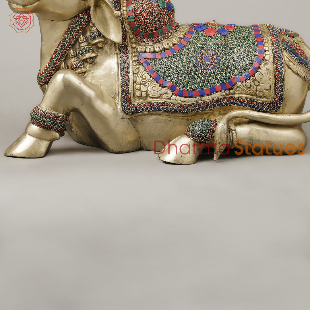 Brass Nandi Seated With Stonework, Golden Finish, 21”