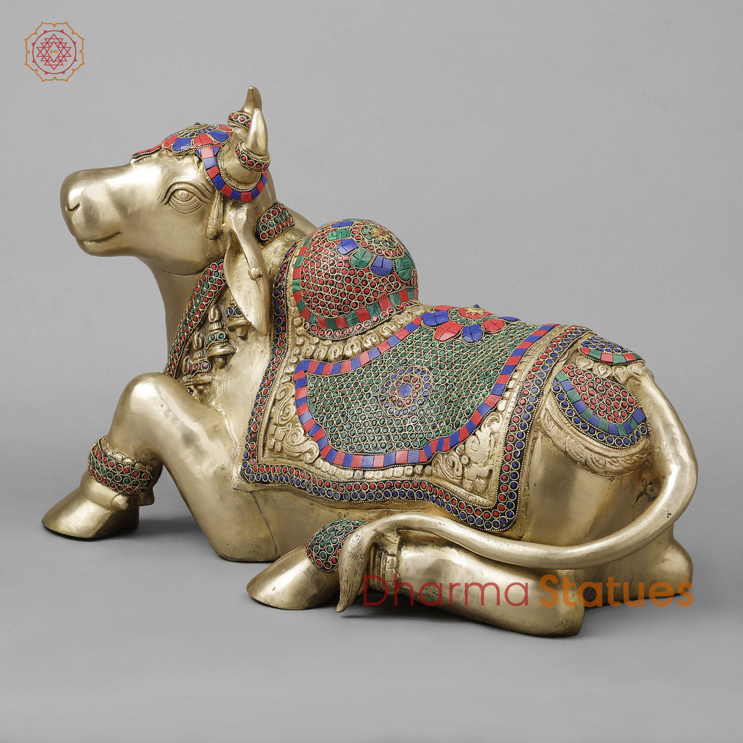 Brass Nandi Seated With Stonework, Golden Finish, 21”