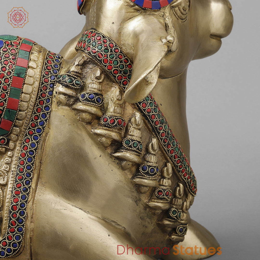 Brass Nandi Seated With Stonework, Golden Finish, 21”