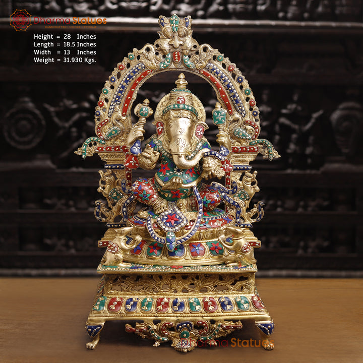 Brass Ganesh Sitting On Throne, Stone Work, Fine Carving 28" Front View